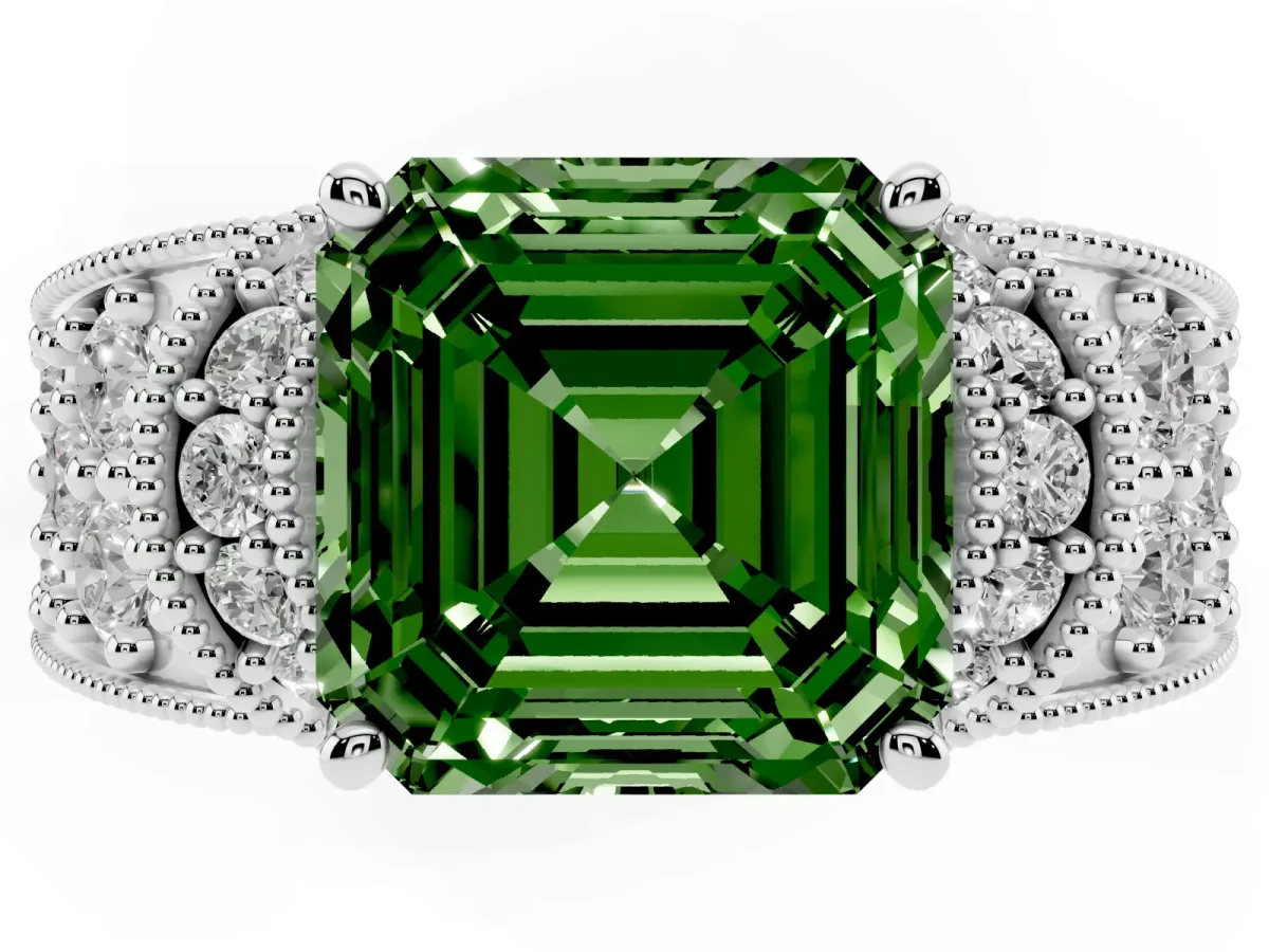 Fancy Green Asscher Cut Halo Pave Diamond Engagement Ring with Milgrain Detailing Platinum