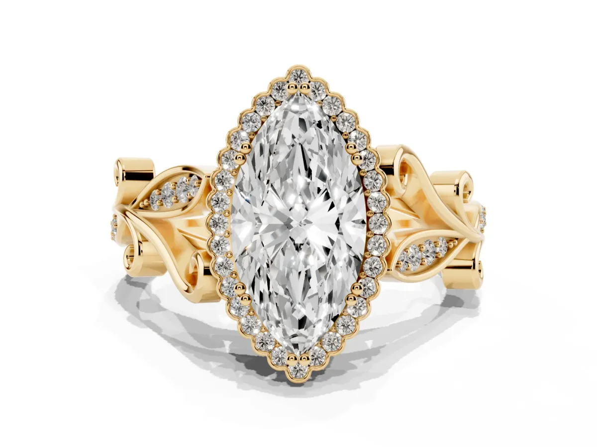 Marquise Cut Diamond Halo Ring with Vintage Split Shank and Four-Prong Setting Yellow gold