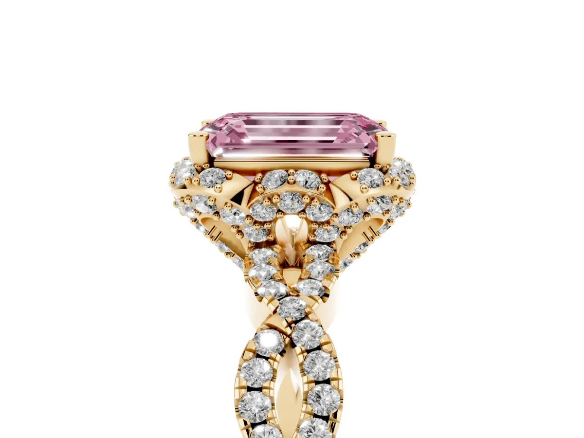Fancy Pink Emerald Cut Halo Twist Band Solitaire Ring with Six-Prong Setting Yellow gold
