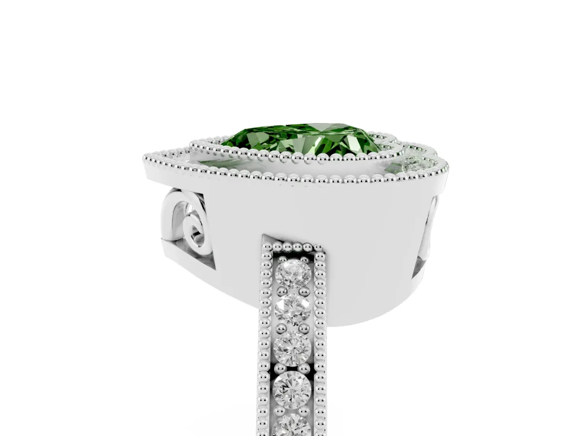 Fancy Green Heart Cut Cut Halo Diamond Ring with Pavé Band and Milgrain Prong Setting Silver
