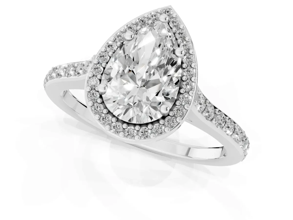 Pear Cut Diamond Halo Engagement Ring with Round Pavé Shoulders and Prong Setting Silver
