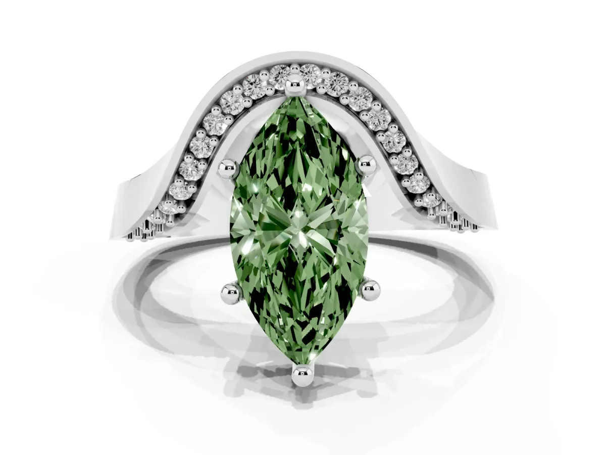 Fancy Green Marquise Cut Solitaire Diamond Engagement Ring with Pave Band and Four-Prong Setting White gold