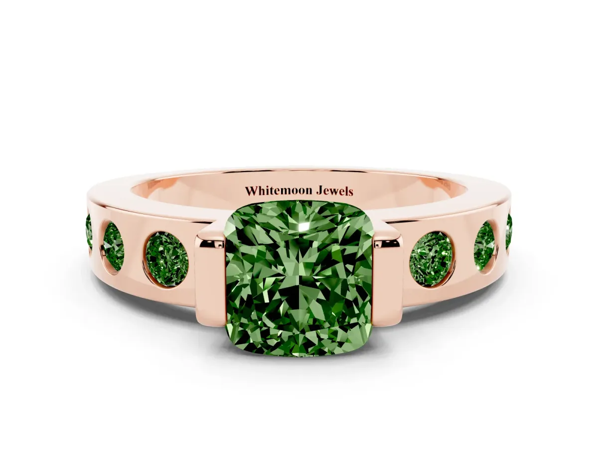 Fancy Green Cushion Cut Brilliant Channel-Set Diamond Ring with Bezel Prong Setting Rose gold