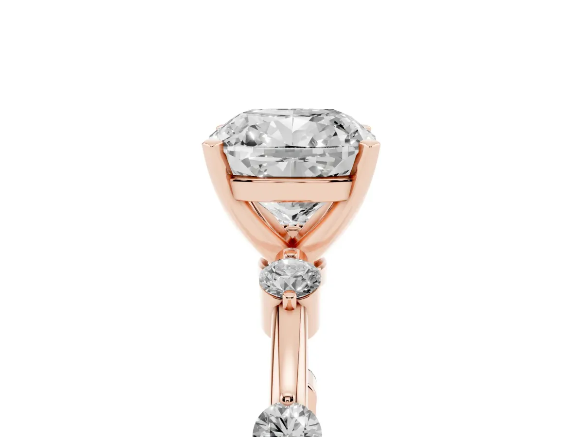 Cushion Cut Solitaire Diamond Ring with Bezel Set Side Stones and Prong Setting Rose gold