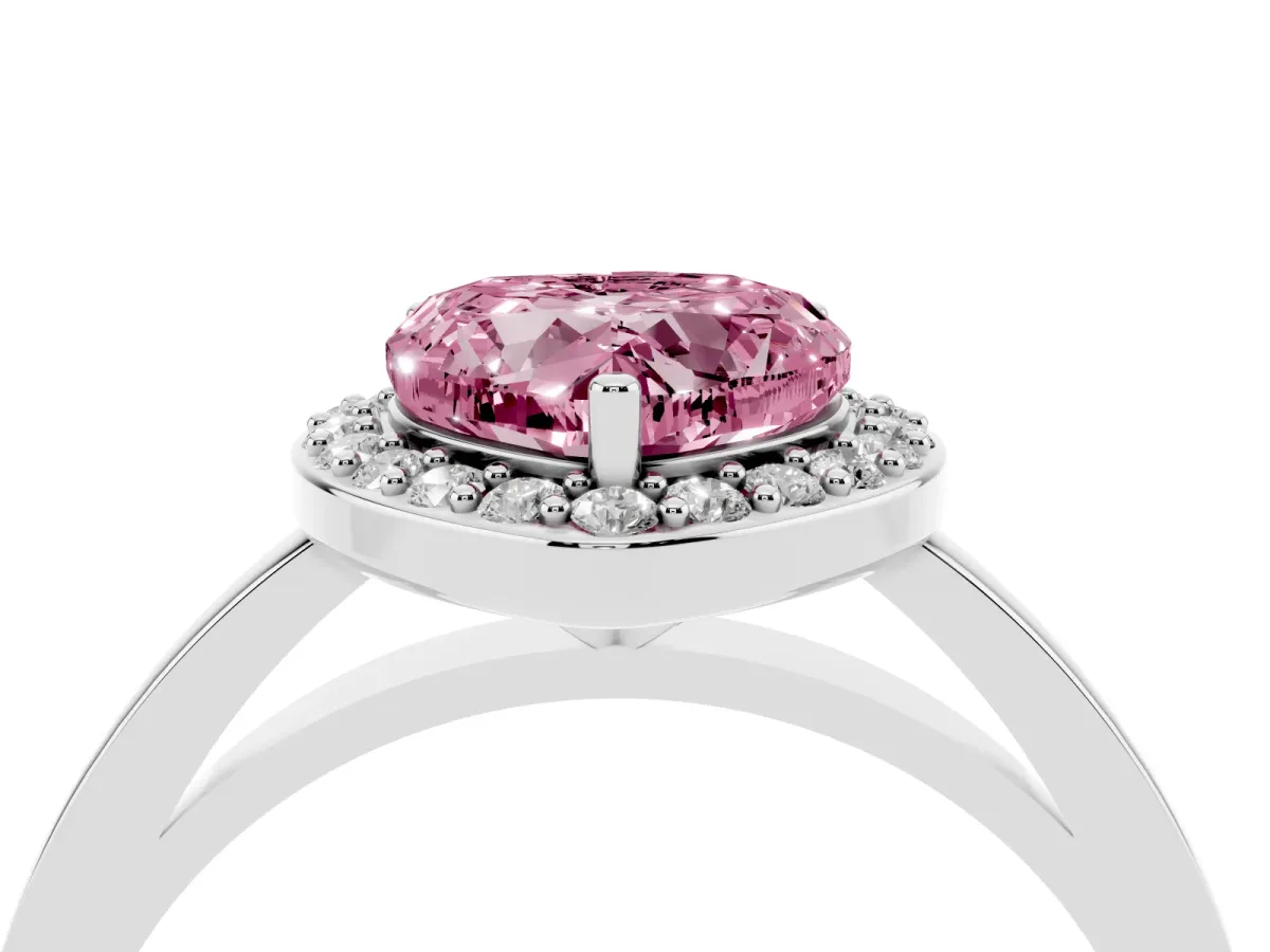 Fancy Pink Heart Cut Halo Diamond Ring with Solitaire Band and Prong Setting Silver