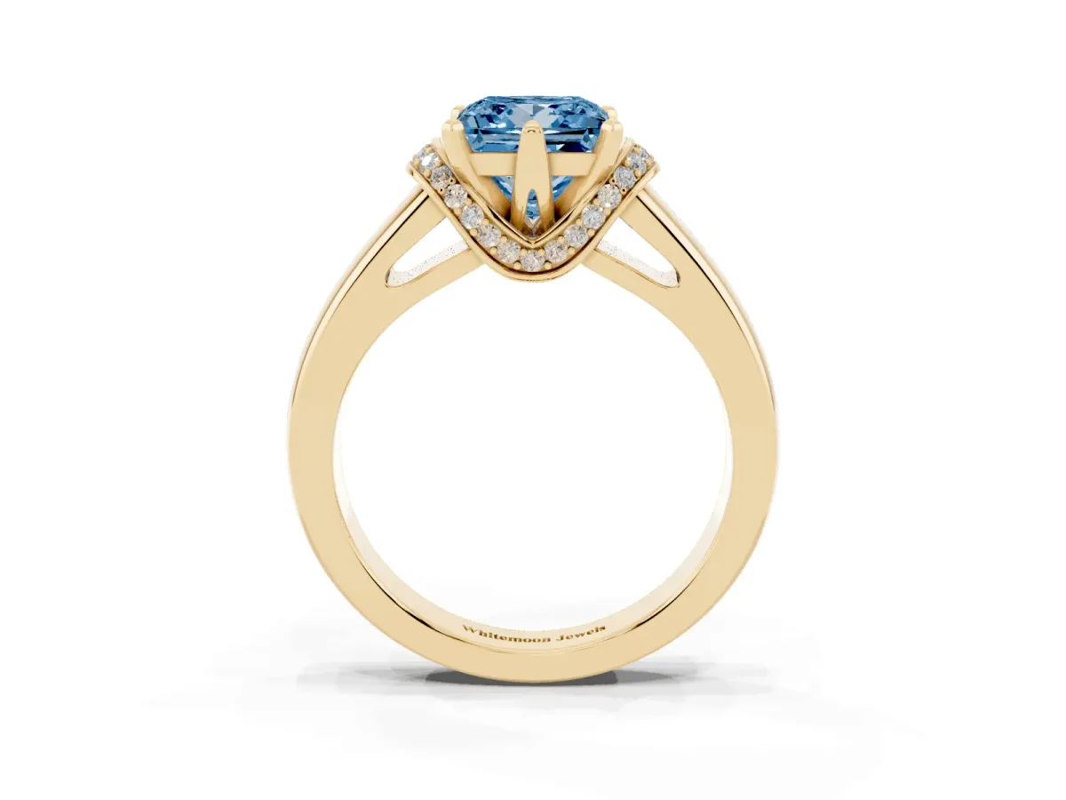 Fancy Blue Princess Cut Solitaire Diamond Ring with Pave Band and Six-Prong Setting Yellow gold