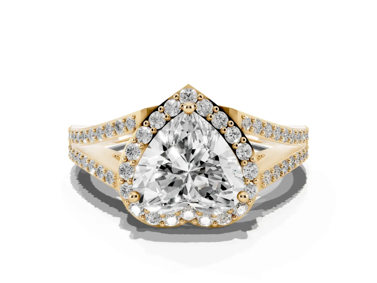 Heart Cut Halo Split Shank Diamond Ring with Prong Setting Yellow gold