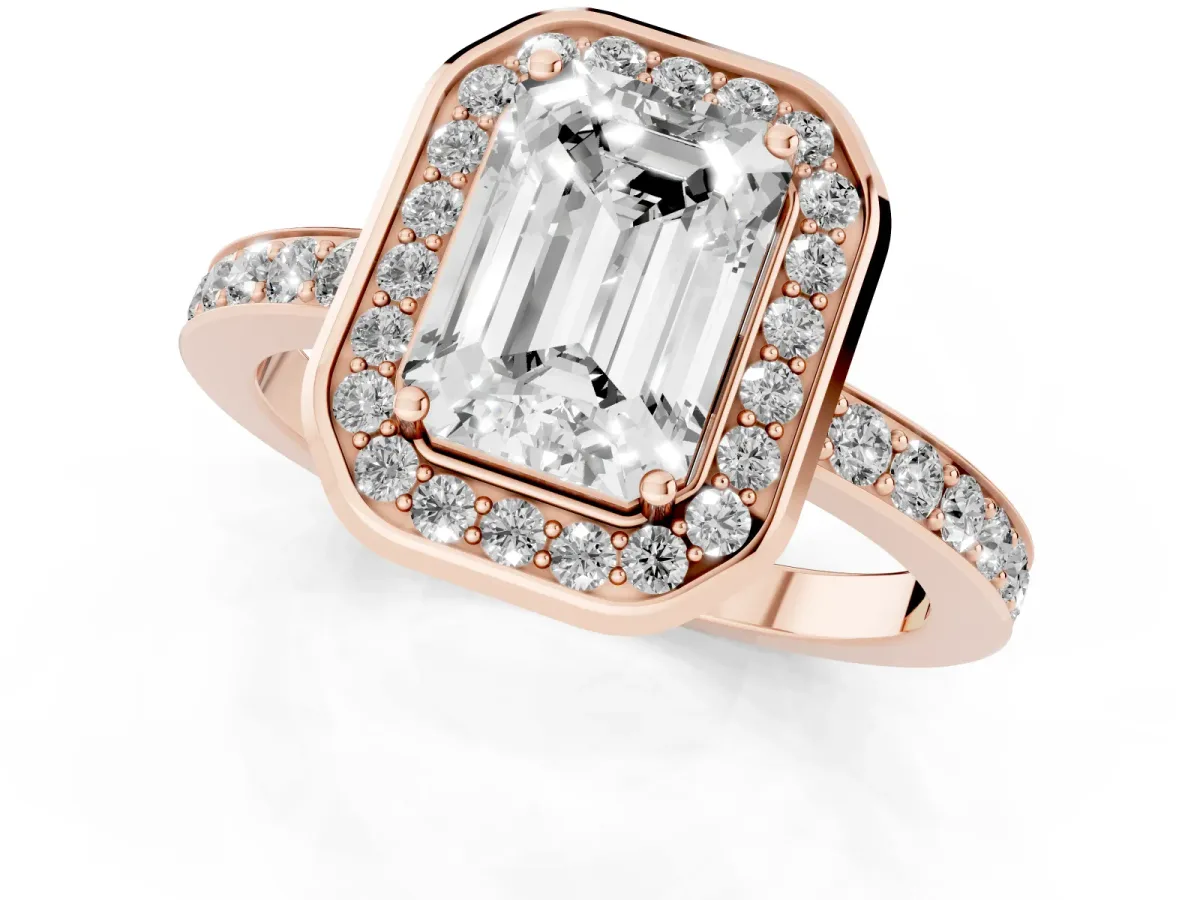 Emerald Cut Diamond Halo Ring with Bezel Frame and Pavé Band Rose gold