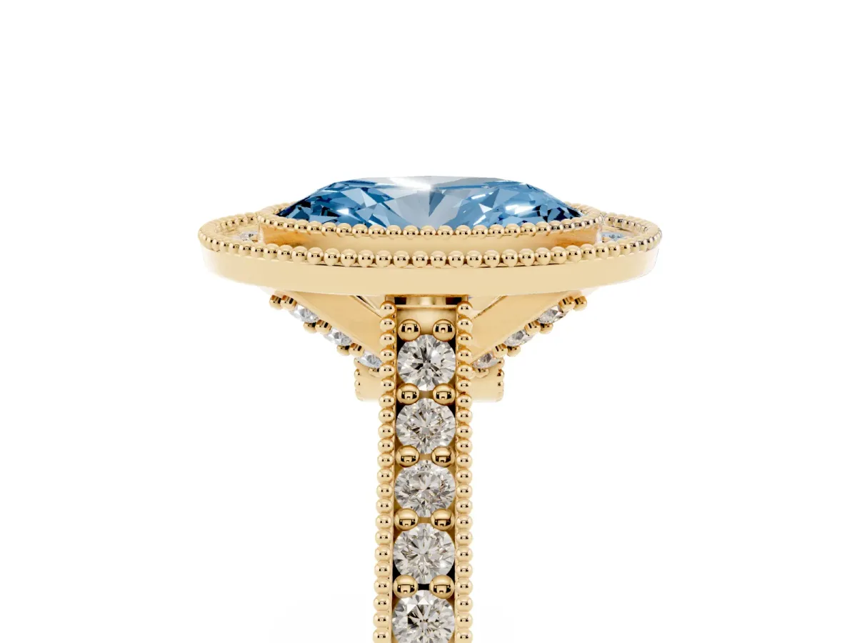 Fancy Blue Halo Oval Cut-Cut Diamond Pave Band Milgrain Prong Setting Ring Yellow gold