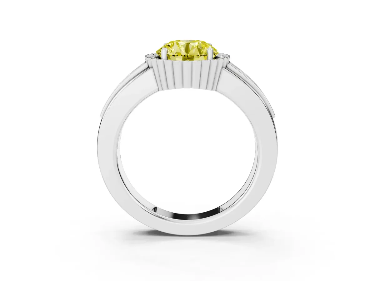 Fancy Yellow Round Cut Cut Halo Pave Band Four-Prong Ring Platinum