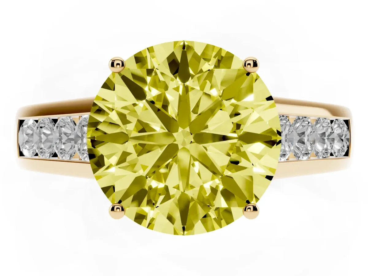 Fancy Yellow Round Cut Brilliant Channel-Set Solitaire Ring with Four-Prong Setting Yellow gold