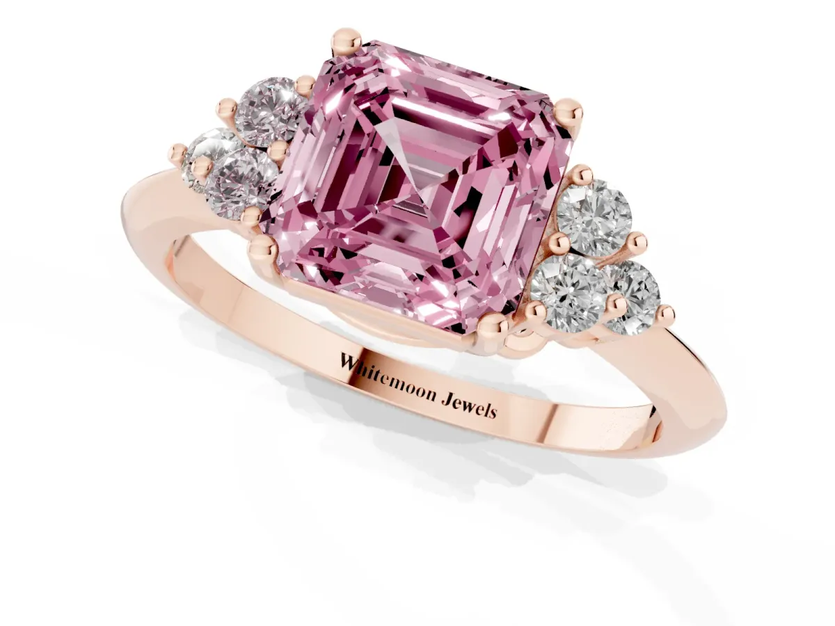 Fancy Pink Asscher Cut Cut Diamond Cluster Ring with Solitaire Band and Four-Prong Setting Rose gold