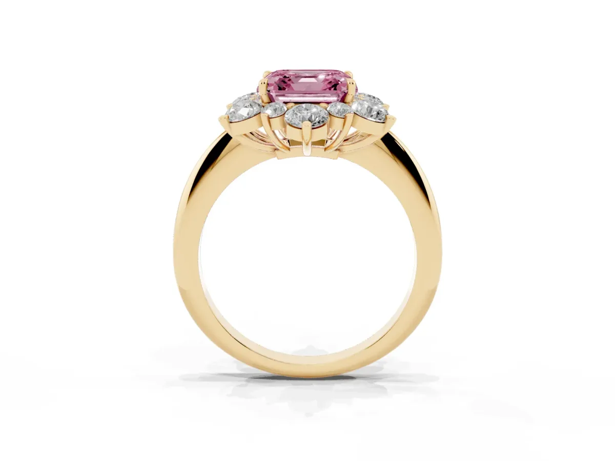 Fancy Pink Asscher Cut Diamond Cluster Halo Ring with Solitaire Band and Four-Prong Setting Yellow gold