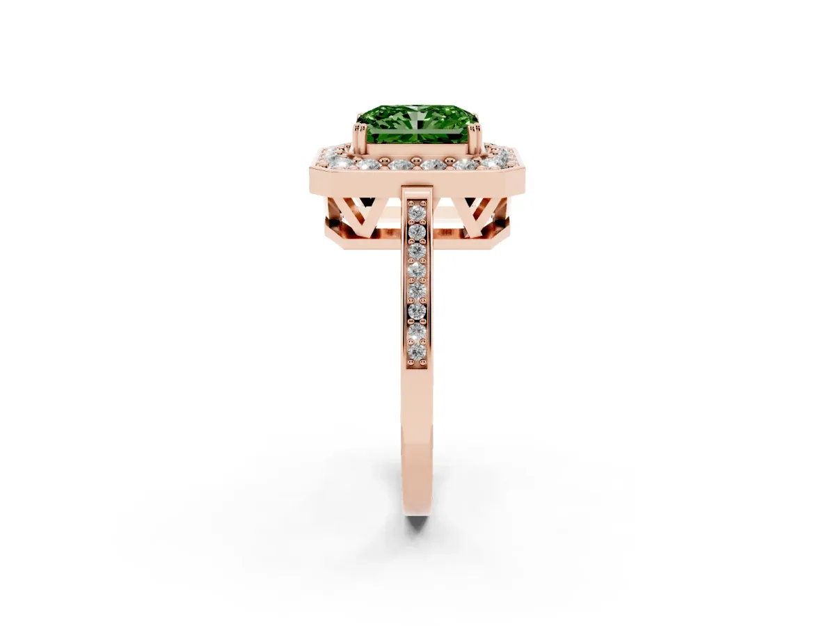 Fancy Green Radiant Cut Diamond Halo Ring with Split Shank and Four-Prong Setting Rose gold