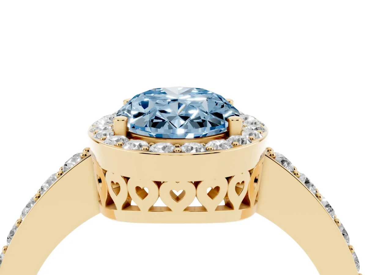 Fancy Blue Oval Cut Halo Diamond Pavé Band Ring with Prong Setting Yellow gold