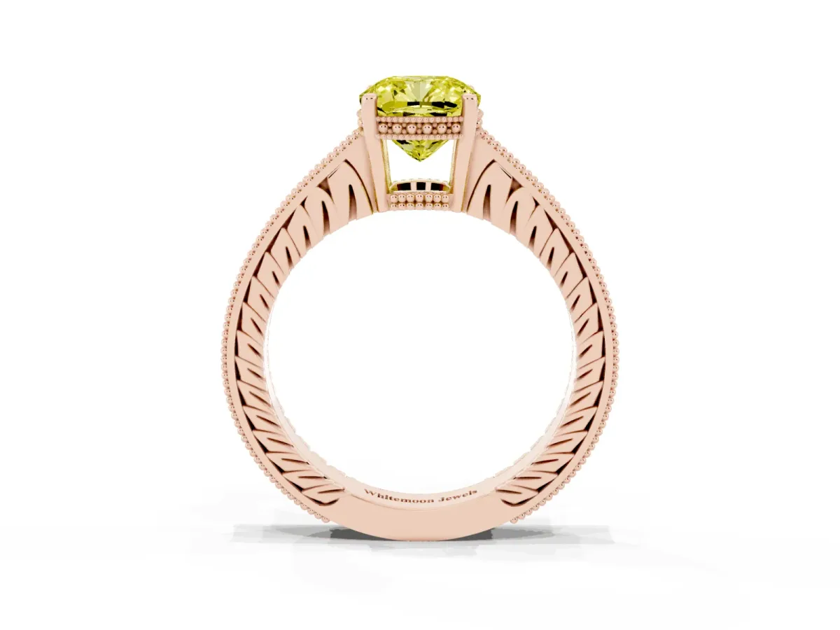 Fancy Yellow Cushion Cut Solitaire Pavé Diamond Milgrain Engagement Ring with Four-Prong Setting Rose gold