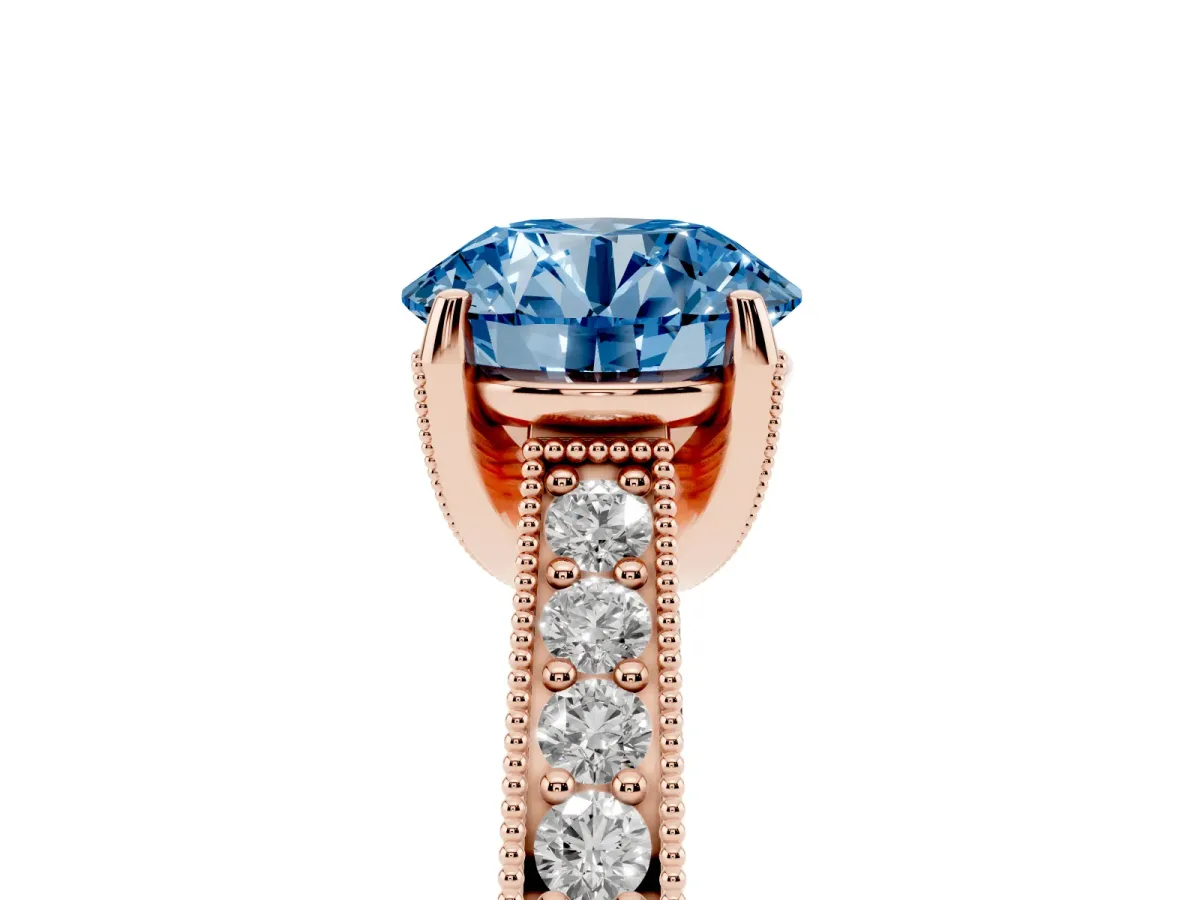 Fancy Blue Round Cut Cut Diamond Solitaire Ring with Milgrain Pave Band and Four Prong Setting Rose gold