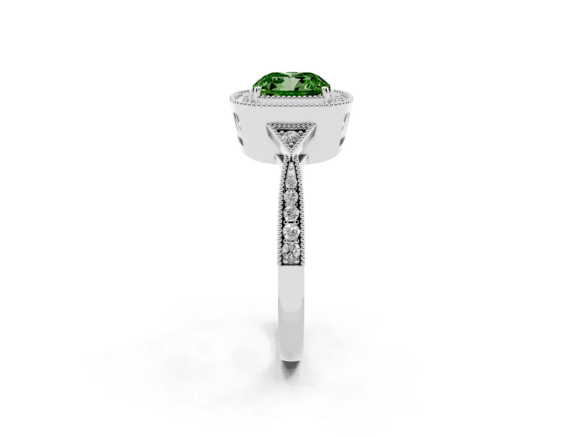 Fancy Green Cushion Cut Halo Round Diamond Milgrain Pave Engagement Ring Silver