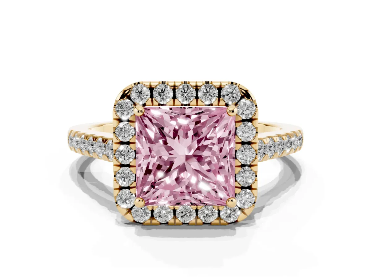 Fancy Pink Princess Cut Halo Pave Diamond Engagement Ring with Four-Prong Setting Yellow gold