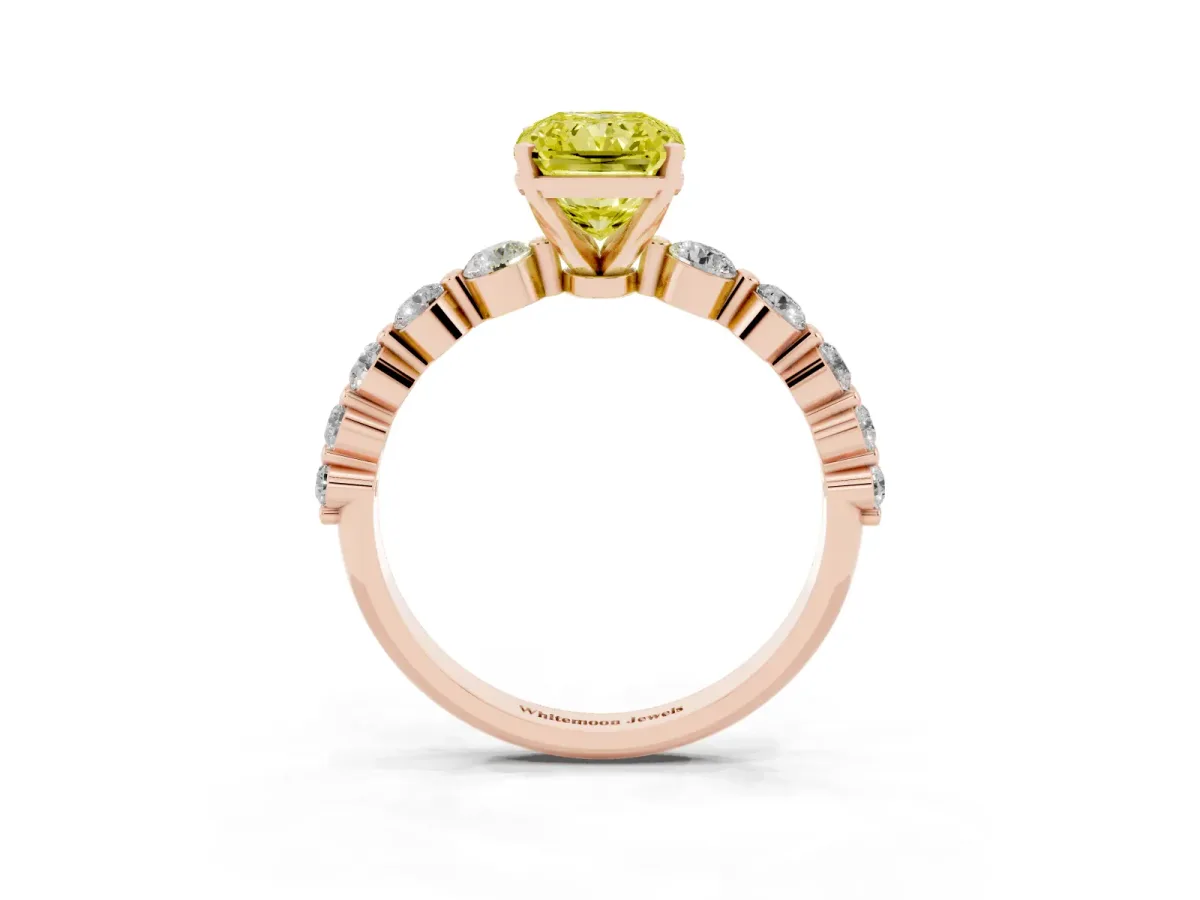 Fancy Yellow Radiant Cut Solitaire Diamond Ring with Pave Band and Four-Prong Setting Rose gold