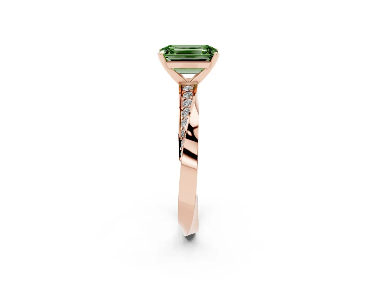 Fancy Green Emerald Cut Diamond Engagement Ring with Side Stone Accents and Four-Prong Setting Rose gold