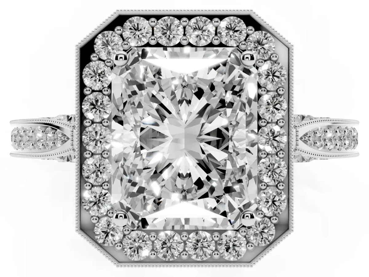Radiant Cut Halo Diamond Engagement Ring with Split Shank Band and Four-Prong Setting Silver