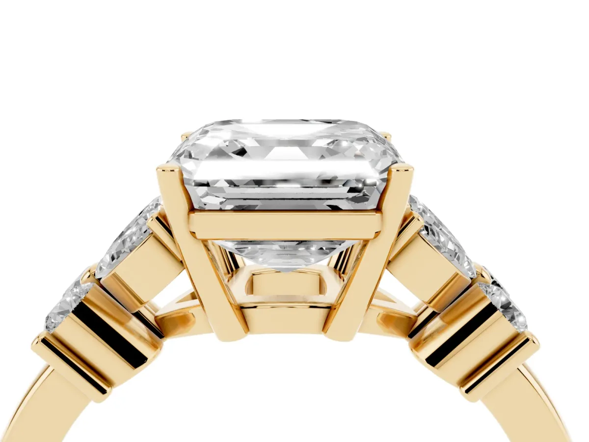 Asscher Cut Diamond Floral Cluster Ring with Solitaire Band and Prong Setting Yellow gold