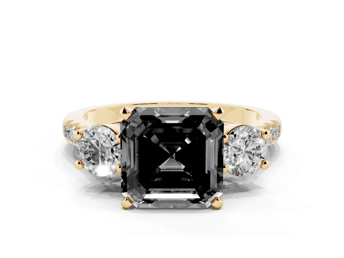 Fancy Black Three-Stone Asscher Cut Diamond Pavé Band with Four-Prong Setting Yellow gold