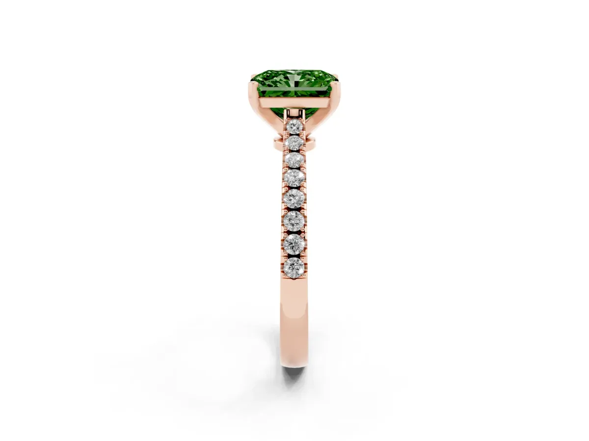 Fancy Green Radiant Cut Cut Solitaire Diamond Engagement Ring with Pave Band and Four-Prong Setting Rose gold