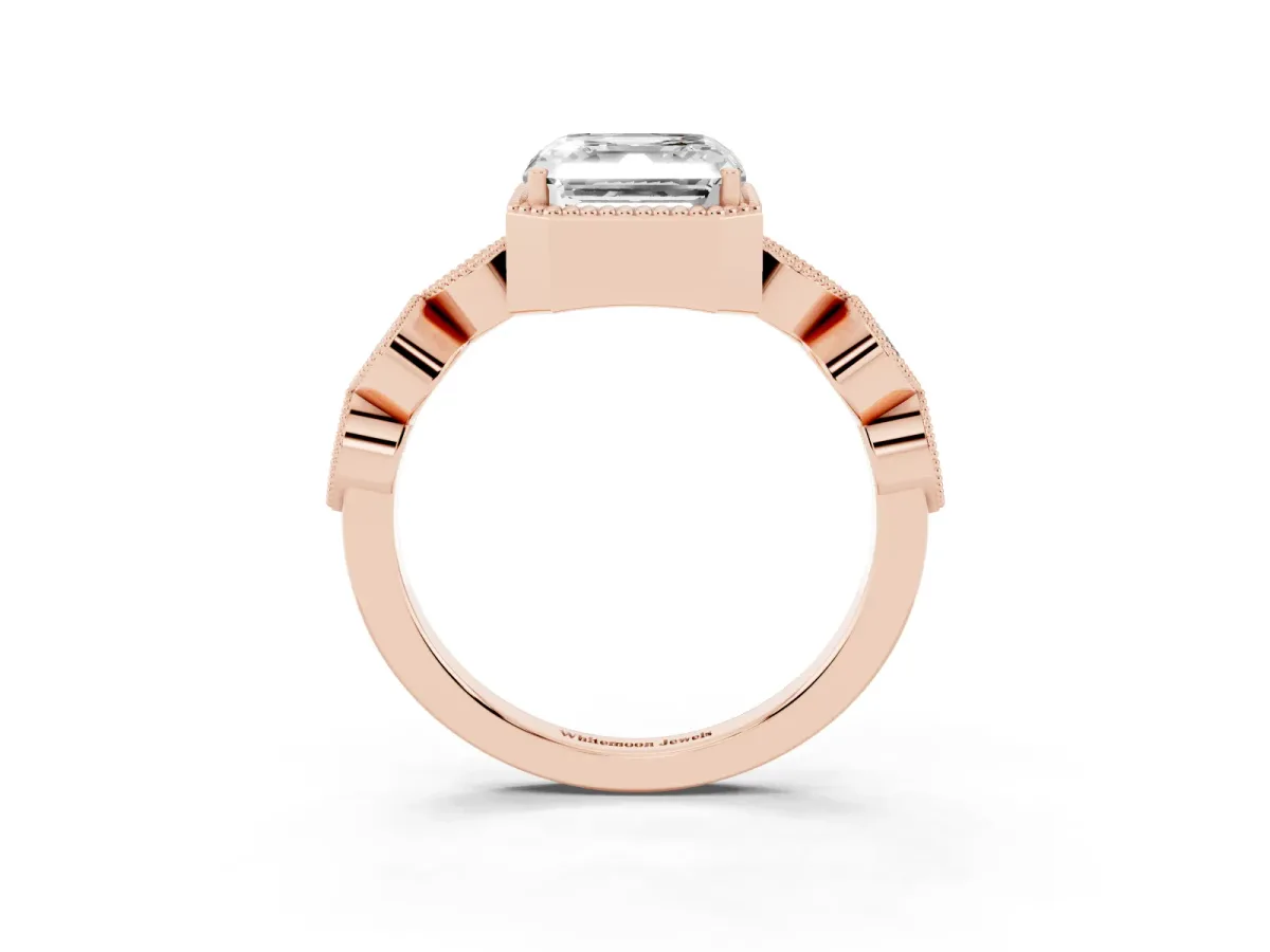 Asscher Cut Diamond Vintage Milgrain Ring with Round Stations Rose gold