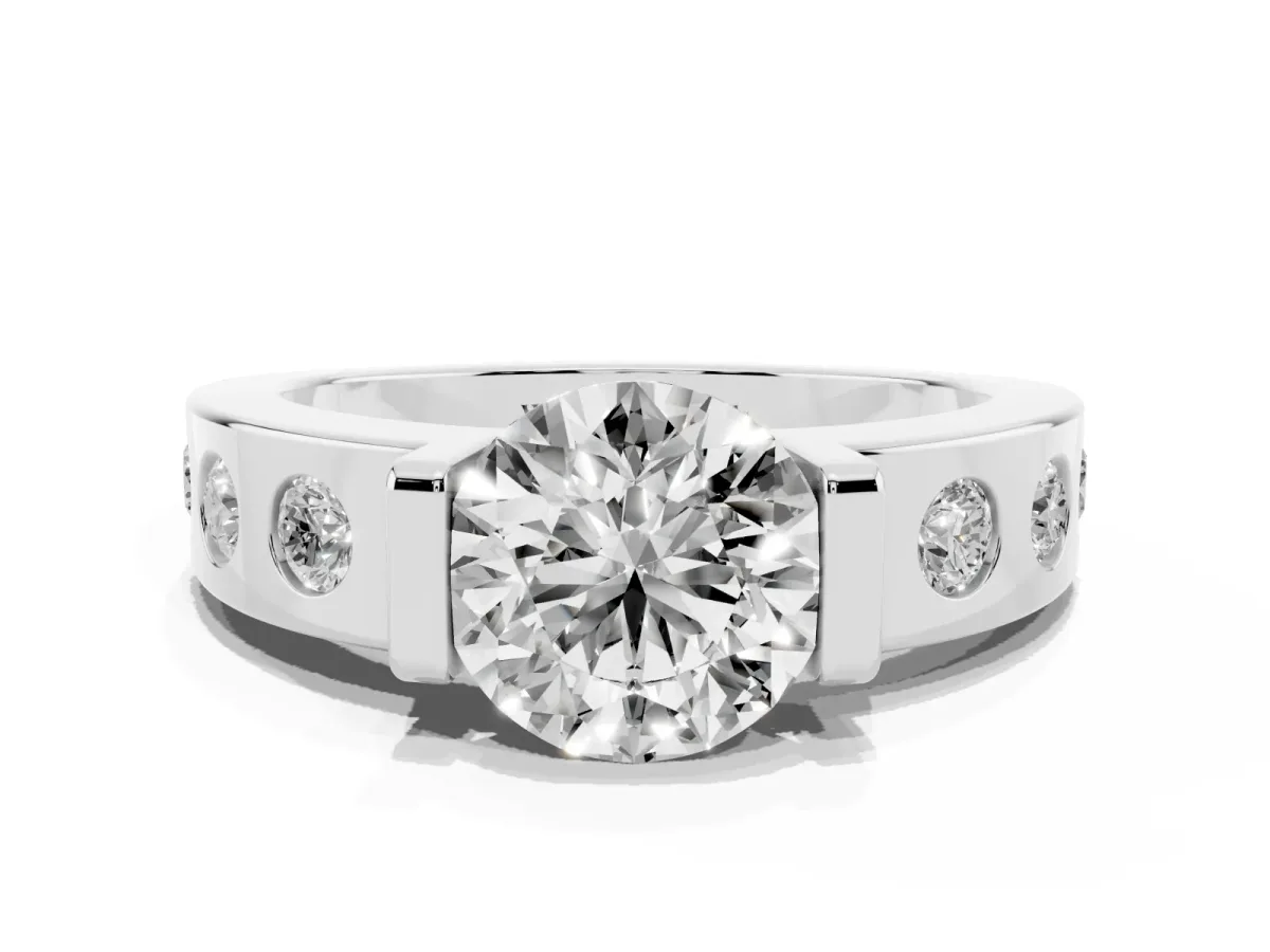 Round Cut Brilliant Channel-Set Diamond Ring with Bezel Prong Setting Silver