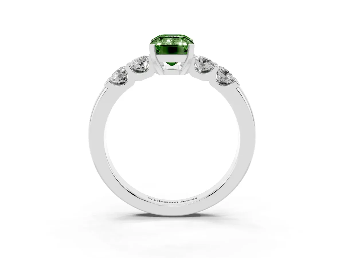 Fancy Green Emerald Cut Brilliant Cut Diamond Five-Stone Prong Set Engagement Ring with Channel Band Silver