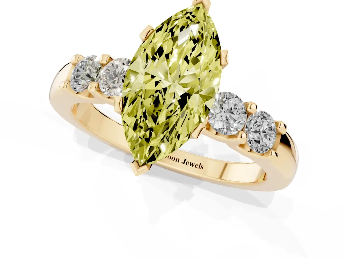 Fancy Yellow Marquise Cut Brilliant Cut Diamond Five-Stone Prong Set Engagement Ring with Channel Band Yellow gold