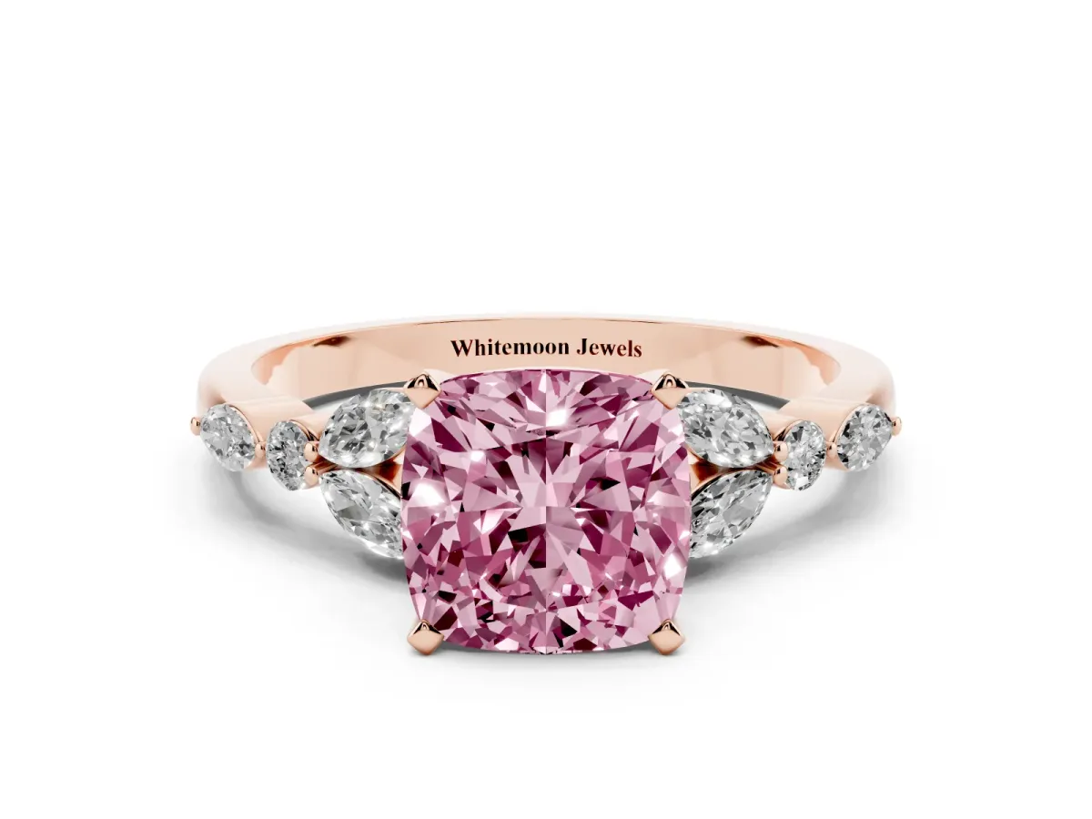 Fancy Pink Cushion Cut Diamond Solitaire Ring with Side Stones and Four-Prong Setting Rose gold