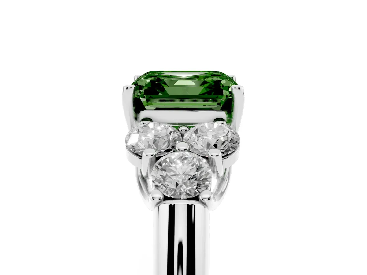Fancy Green Asscher Cut Cut Diamond Cluster Ring with Round Accent Stones and Prong Setting on a Classic Band Silver