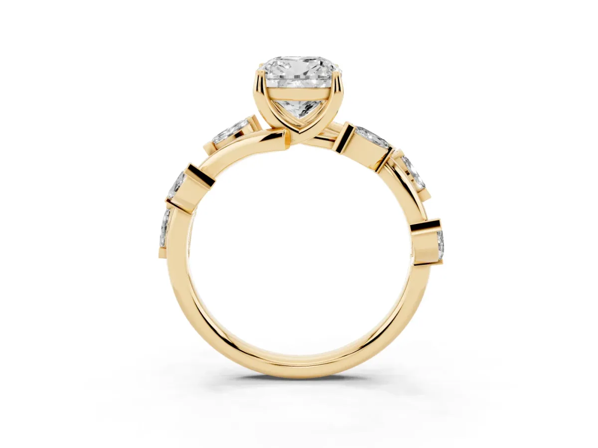 Cushion Cut Solitaire Twisted Band Marquise Accent Prong Setting Ring Yellow gold