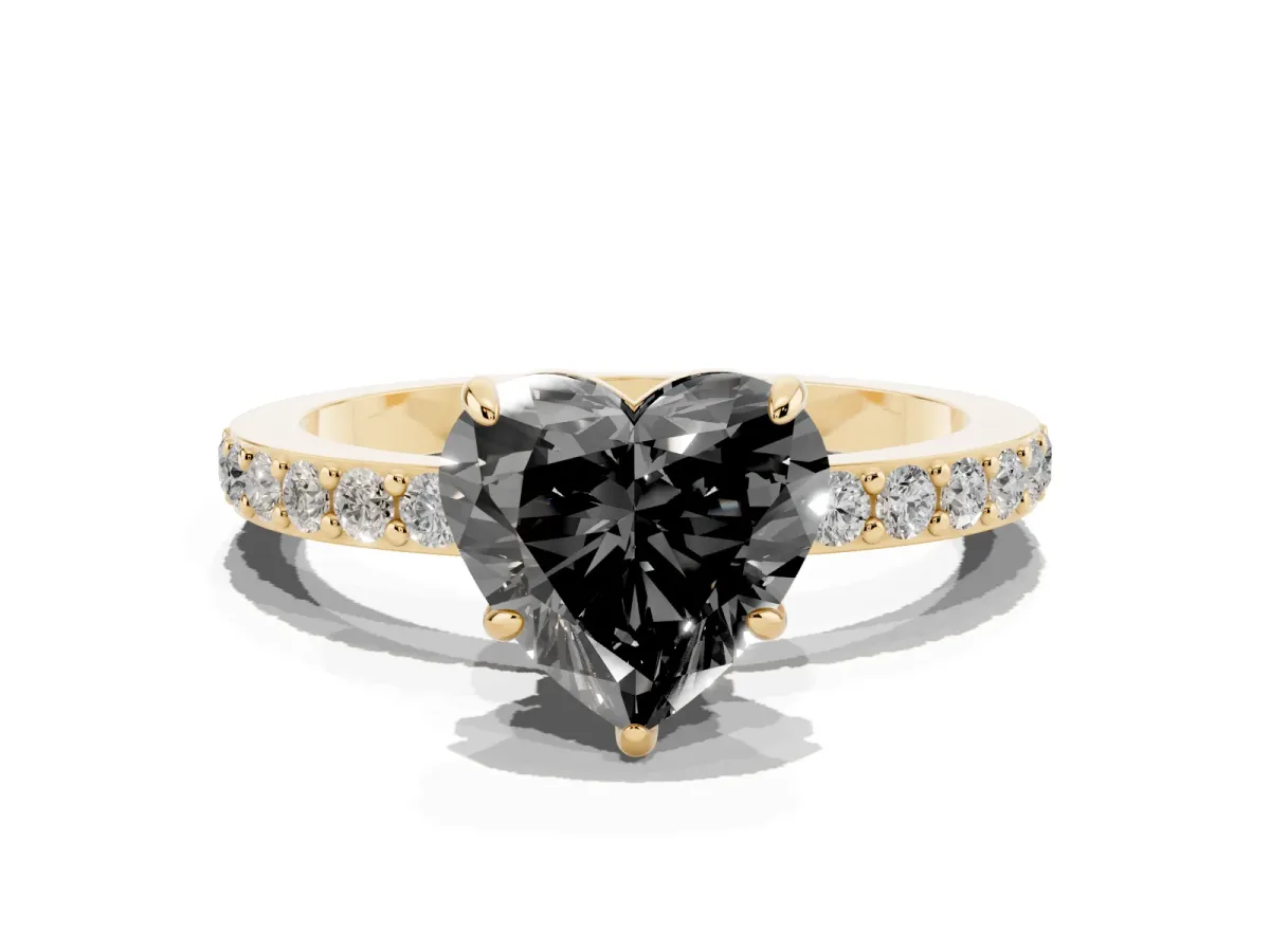 Fancy Black Heart Cut Diamond Pavé Engagement Ring with Round Accents and Prong Setting Yellow gold