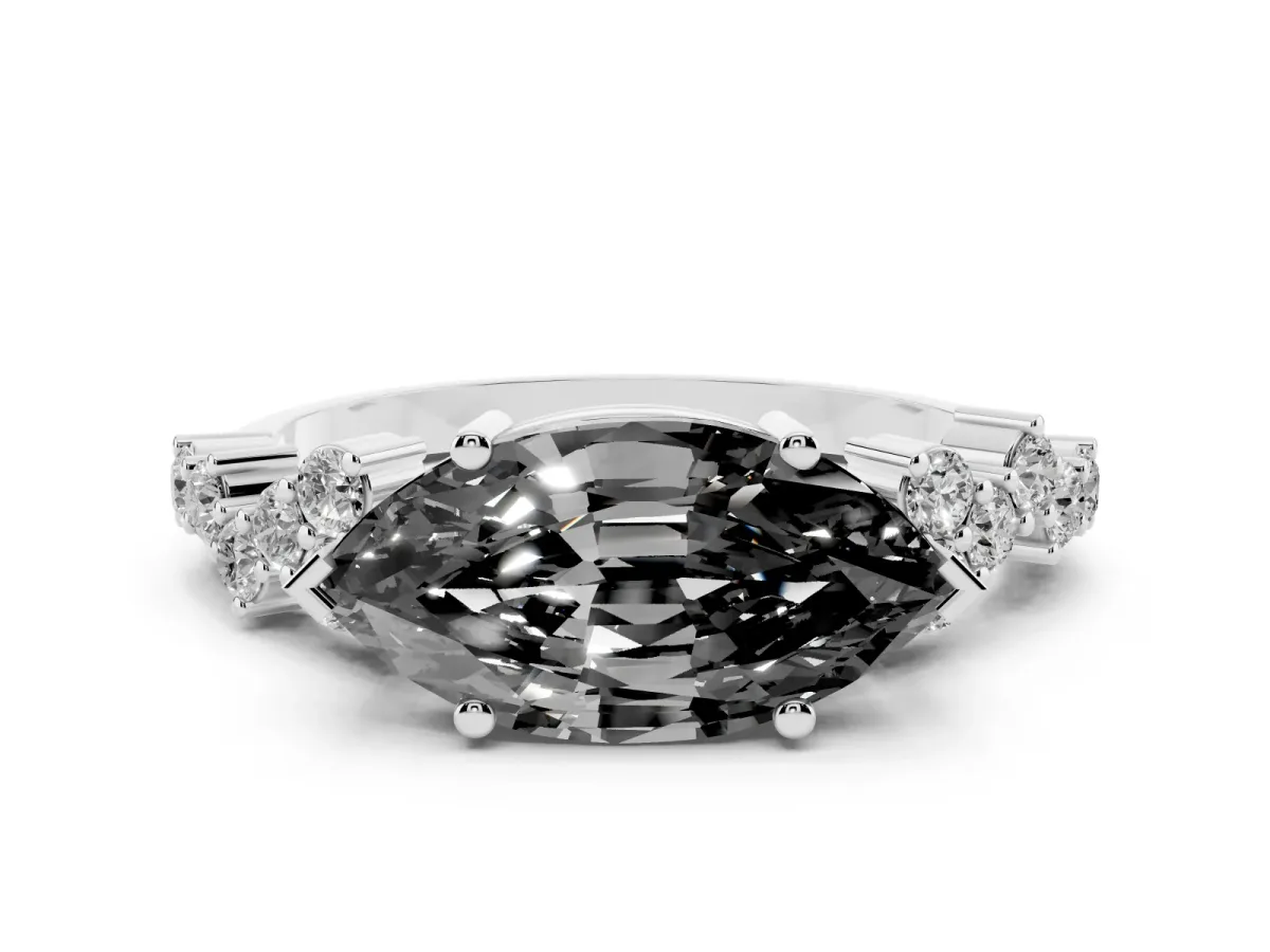 Fancy Black Marquise Cut Diamond Scattered Round Accent Ring with Prong Setting Platinum