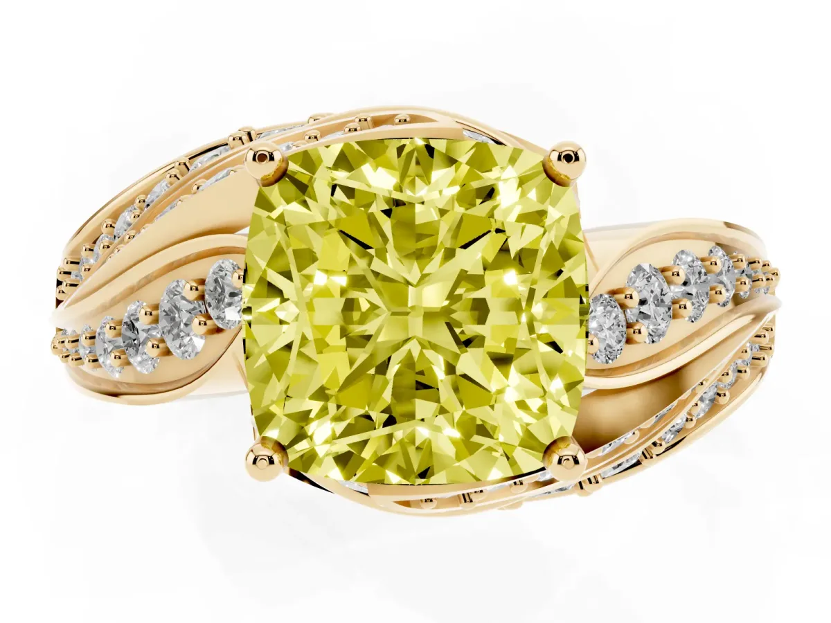 Fancy Yellow Cushion Cut Diamond Solitaire Ring with Prong Setting and Twisted Pavé Band Yellow gold