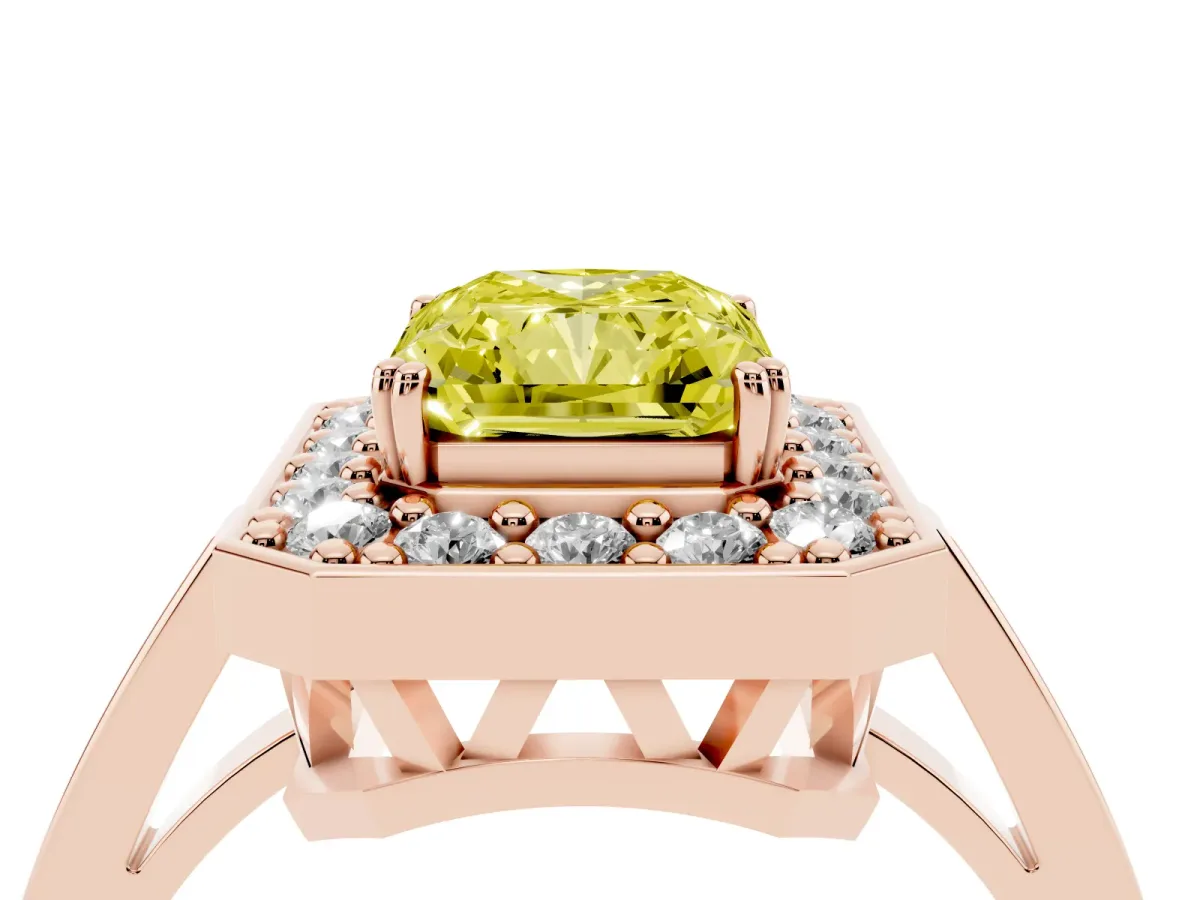 Fancy Yellow Radiant Cut Diamond Halo Ring with Split Shank and Four-Prong Setting Rose gold
