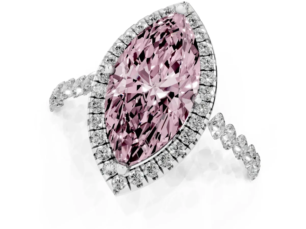 Fancy Pink Marquise Cut Halo Pavé Diamond Engagement Ring with Four-Prong Setting Platinum