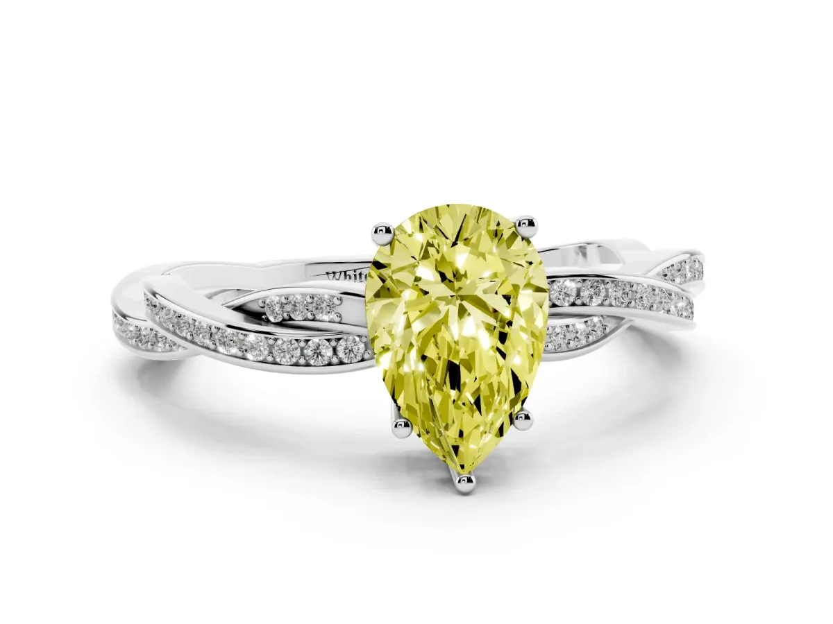 Fancy Yellow Pear Cut Solitaire Twisted Pave Diamond Ring with Four-Prong Setting Silver