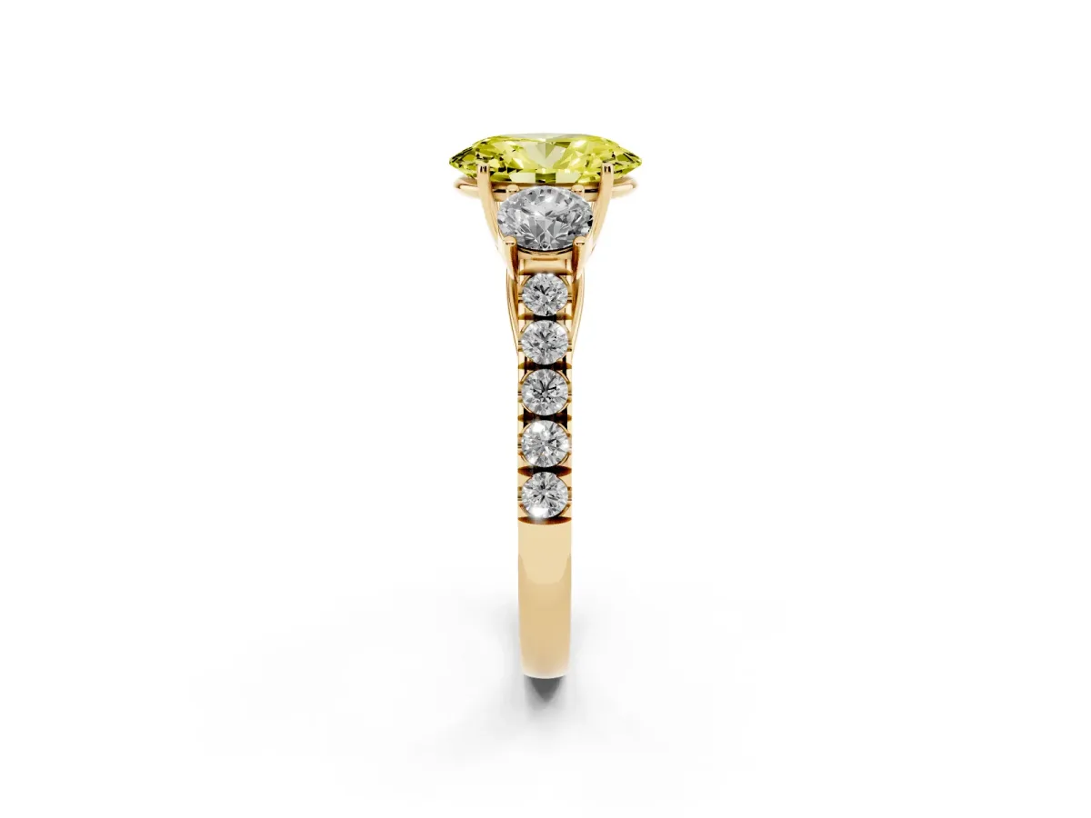 Fancy Yellow Oval Cut Cut Diamond Three-Stone Ring with Round Side Stones and Pavé Band Yellow gold