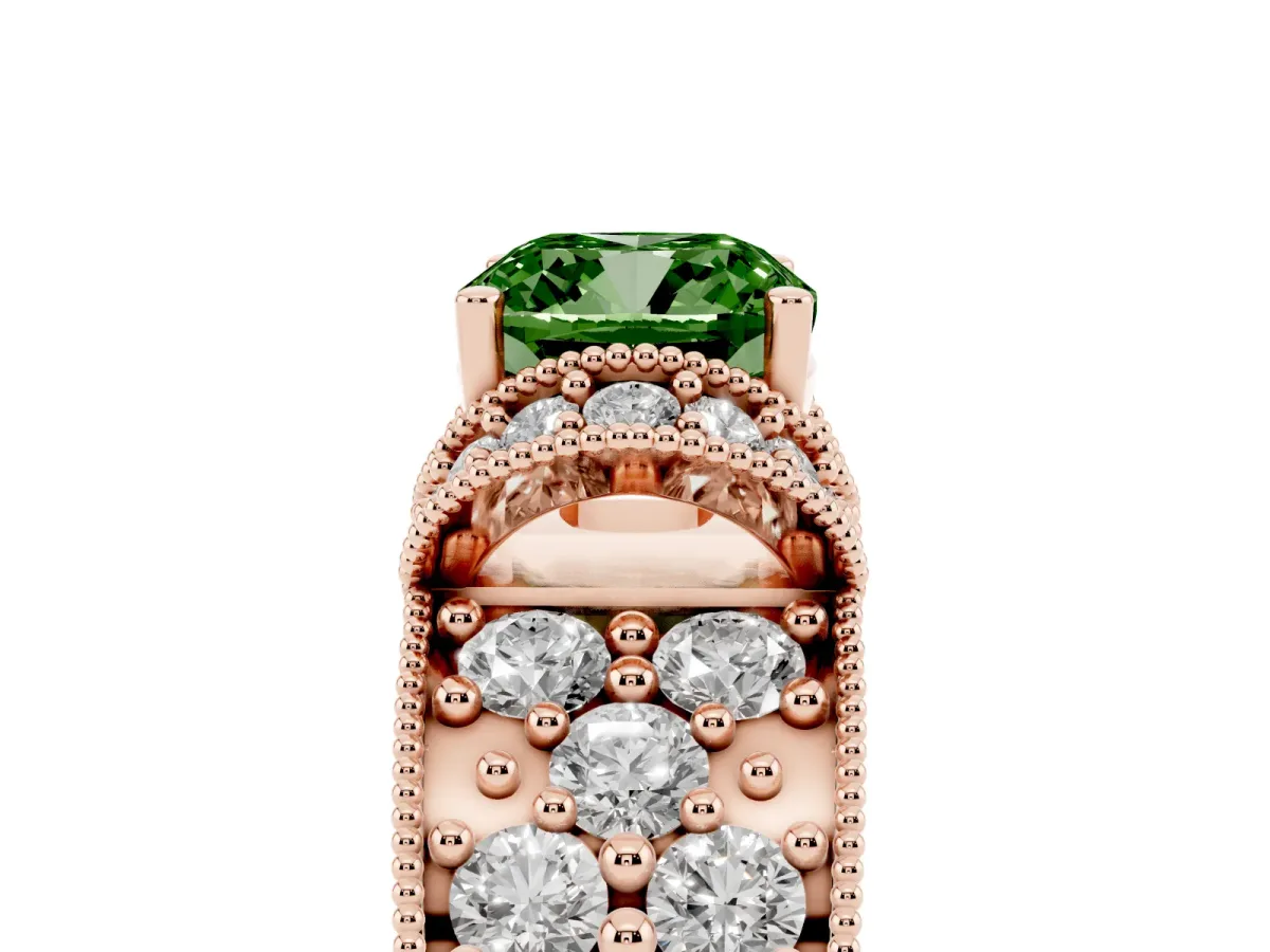 Fancy Green Cushion Cut Halo Pave Diamond Engagement Ring with Milgrain Detailing Rose gold