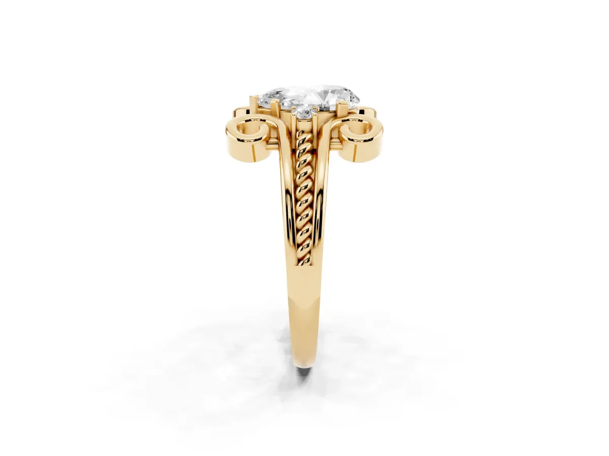 Pear Cut Solitaire Twisted Band Scroll Prong Ring Yellow gold