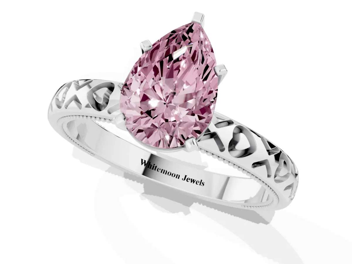 Fancy Pink Pear Cut Solitaire Diamond Engagement Ring with XO Engraved Band and Four-Prong Setting White gold