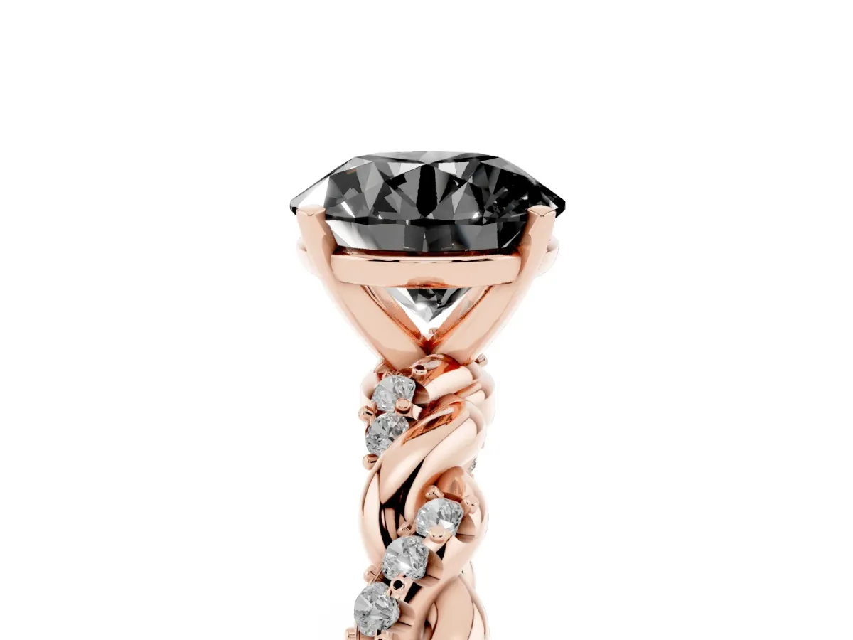 Fancy Black Round Cut Diamond Solitaire Ring with Twisted Band and Pavé Accents Rose gold
