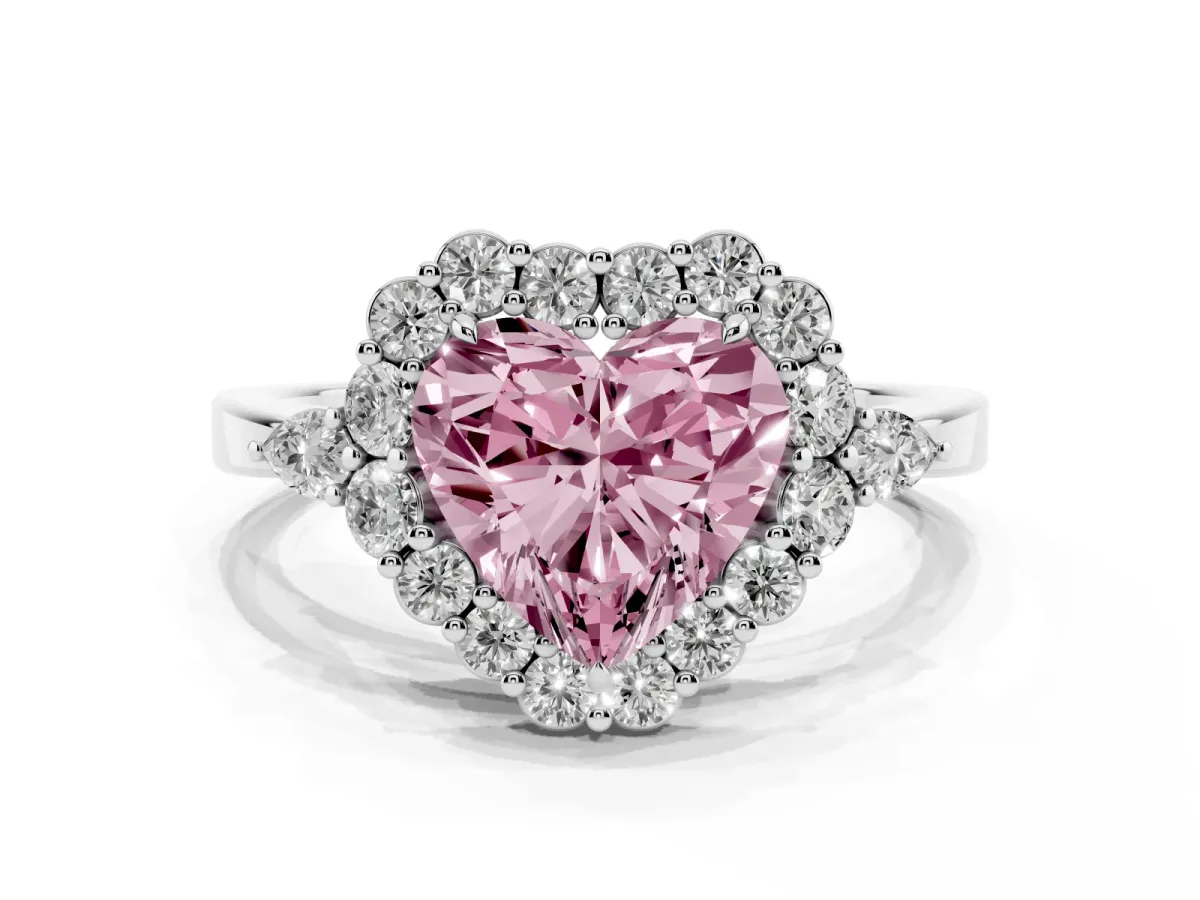 Fancy Pink Heart Cut Diamond Halo Ring with Pear Side Stones and Prong Setting Silver
