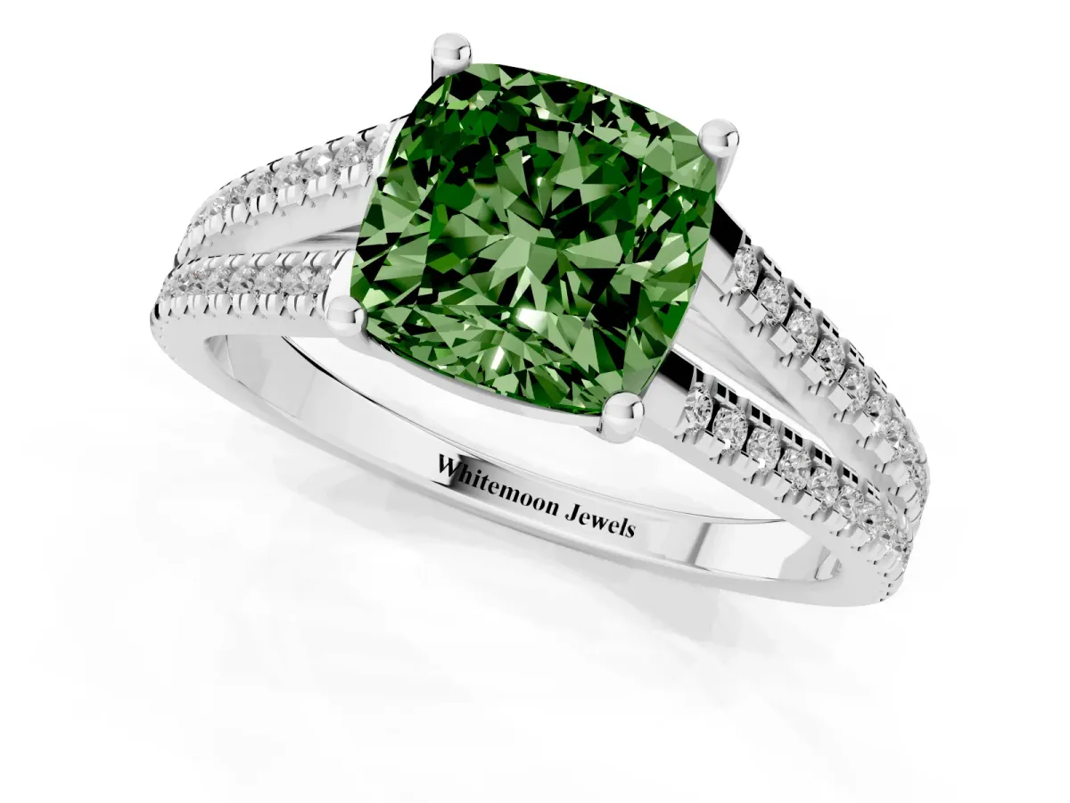 Fancy Green Cushion Cut Diamond Solitaire Engagement Ring with Split Shank Pavé Band Silver