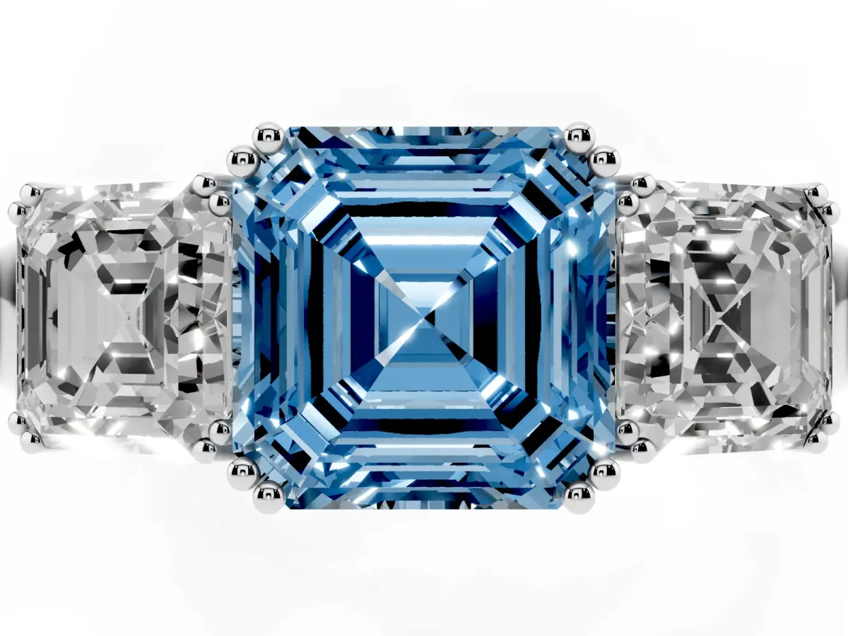 Fancy Blue Three-Stone Asscher Cut Cut Diamond Ring with Channel Set Band and Four-Prong Setting Silver
